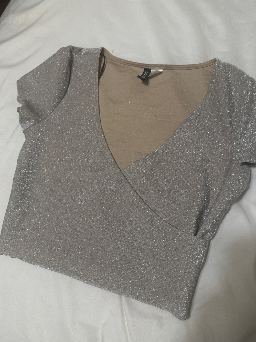 Divided Size S Sparkle Wrap-Front Crop Top in Silver